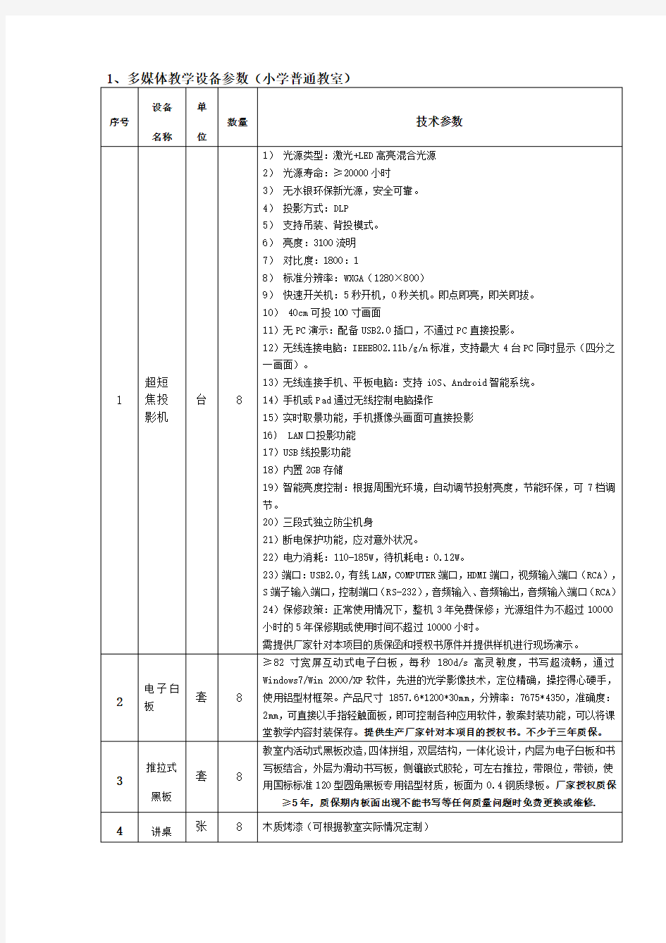 1、多媒体教学设备参数(小学普通教室)