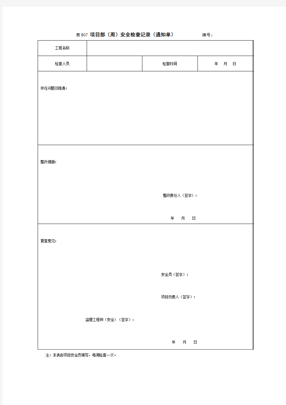 项目部(周)安全检查记录(通知单)