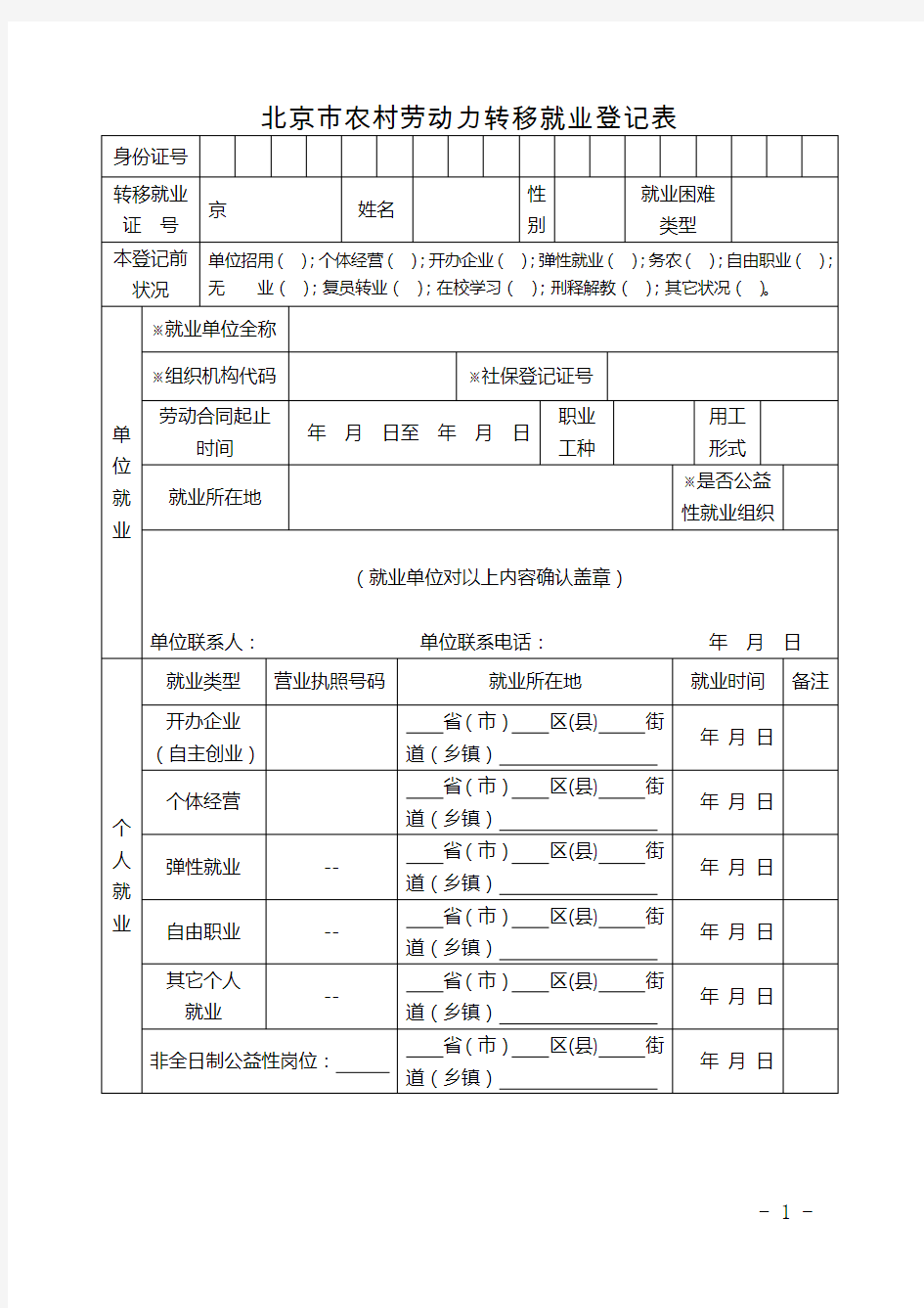 北京市农村劳动力转移就业登记表
