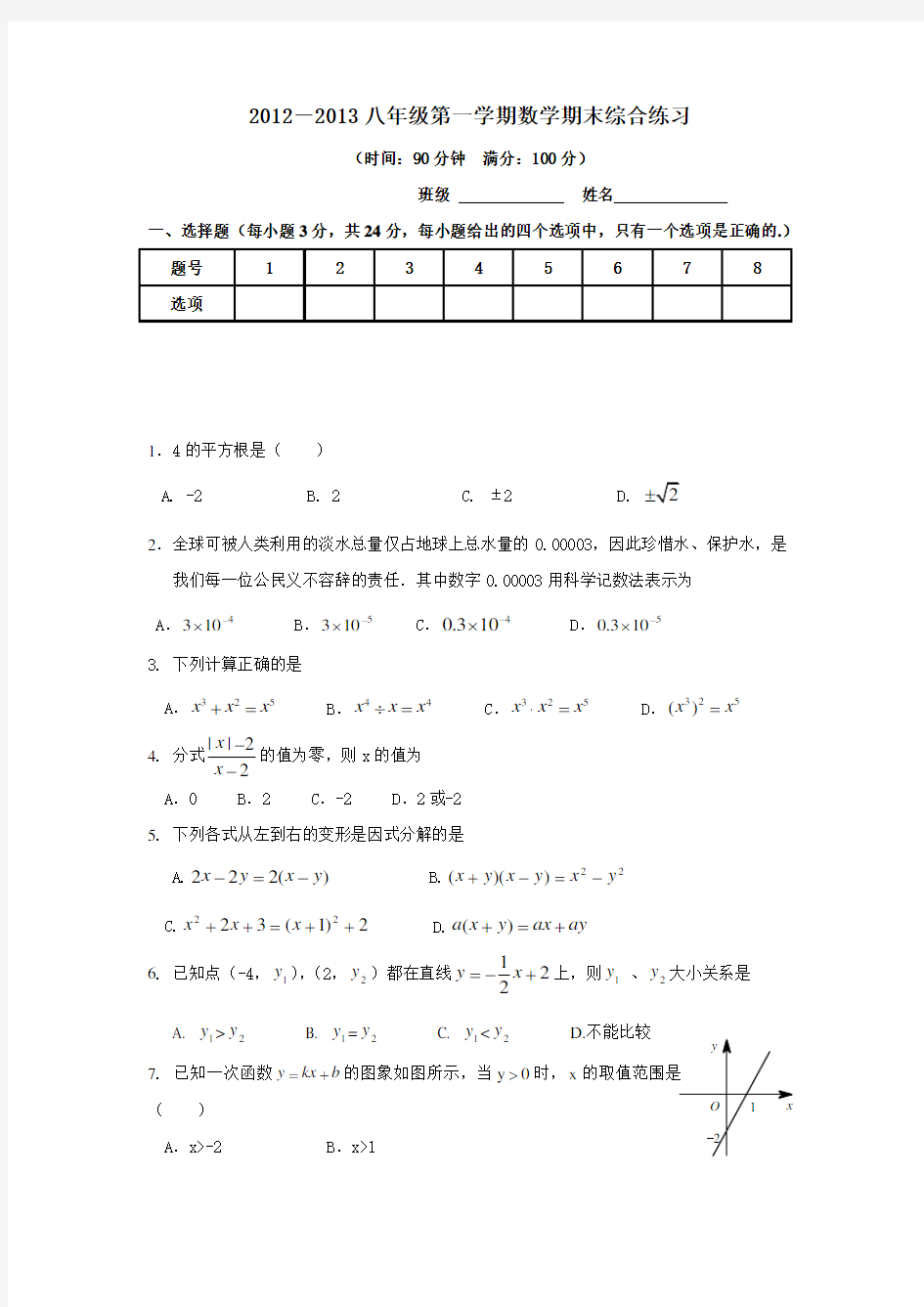 2012--2013学年八年级上学期期末数学试卷