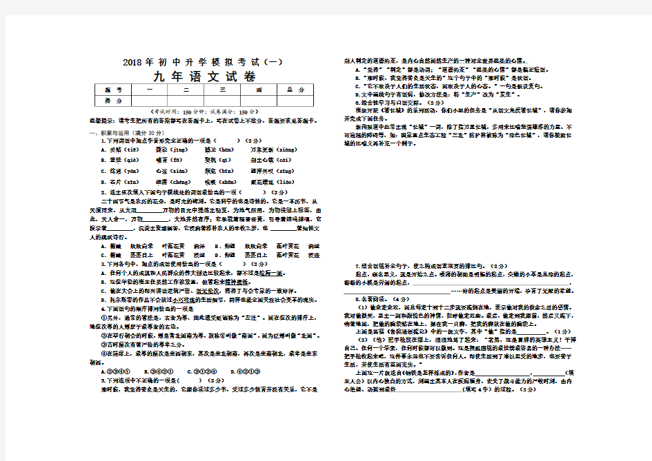 2018年中考语文模拟试题及答案
