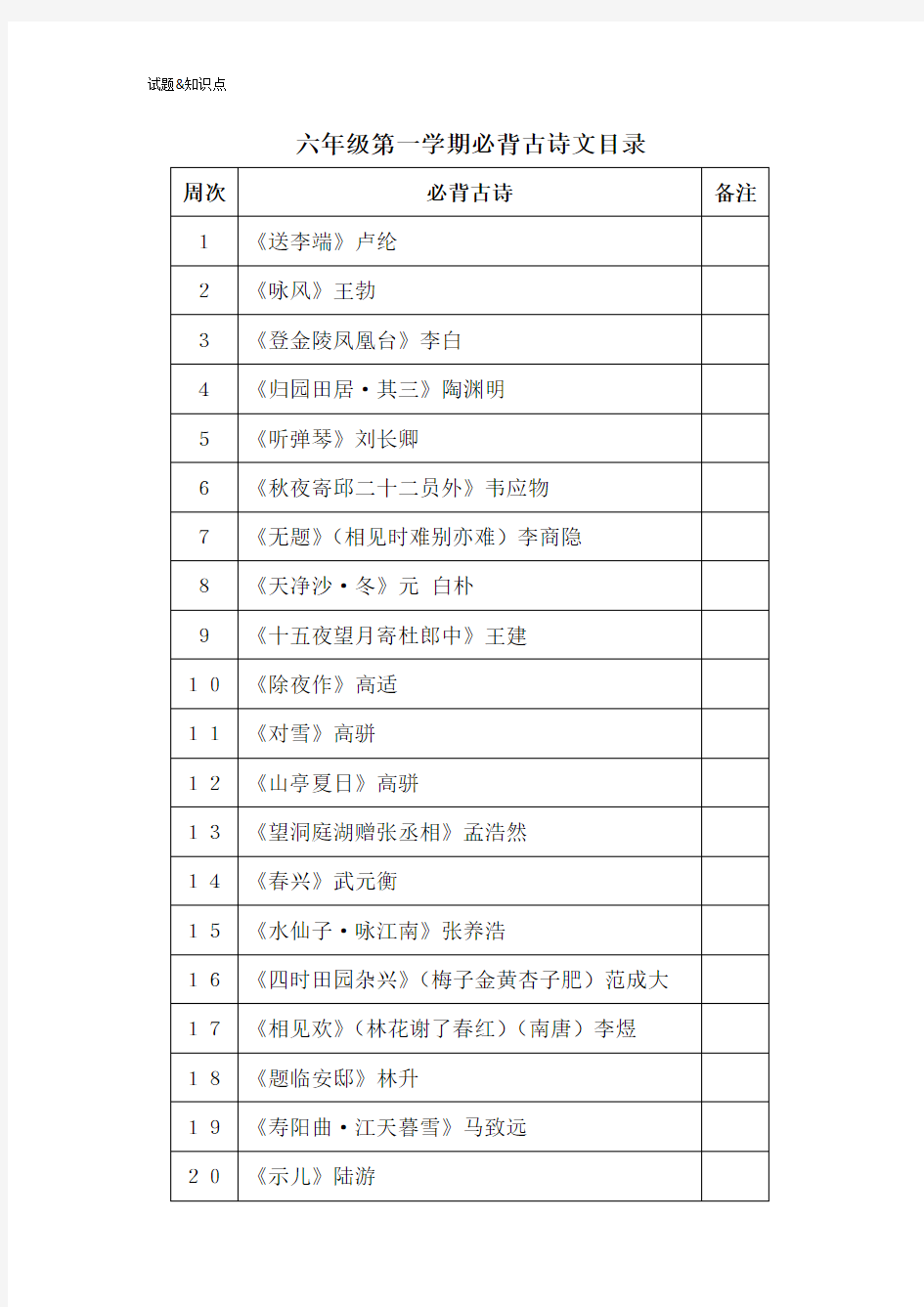 人教版新版六年级上学期必背古诗