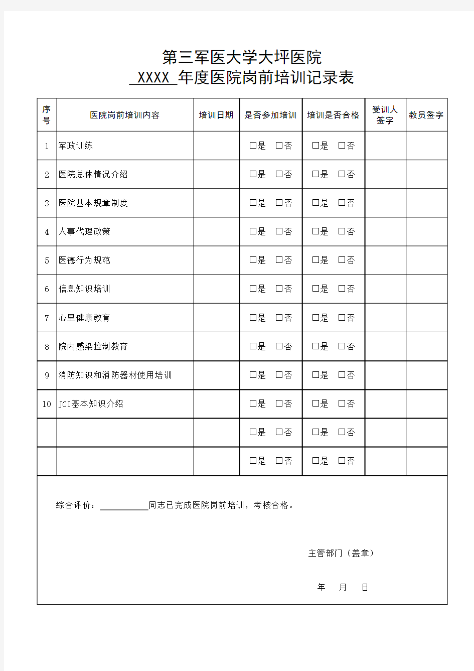 医院岗前培训记录表