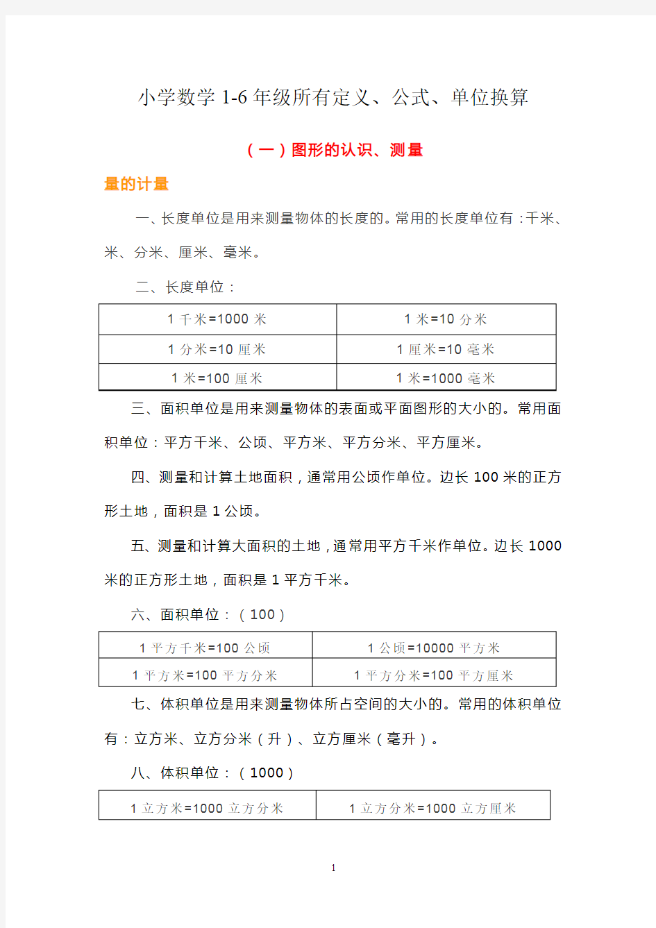 小学数学1-6年级所有定义、公式、单位换算