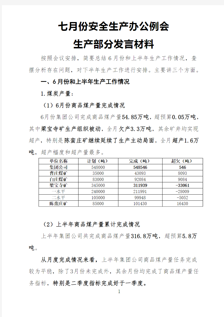 2018年7月份安全生产例会生产部分发言材料(已完善掘进)