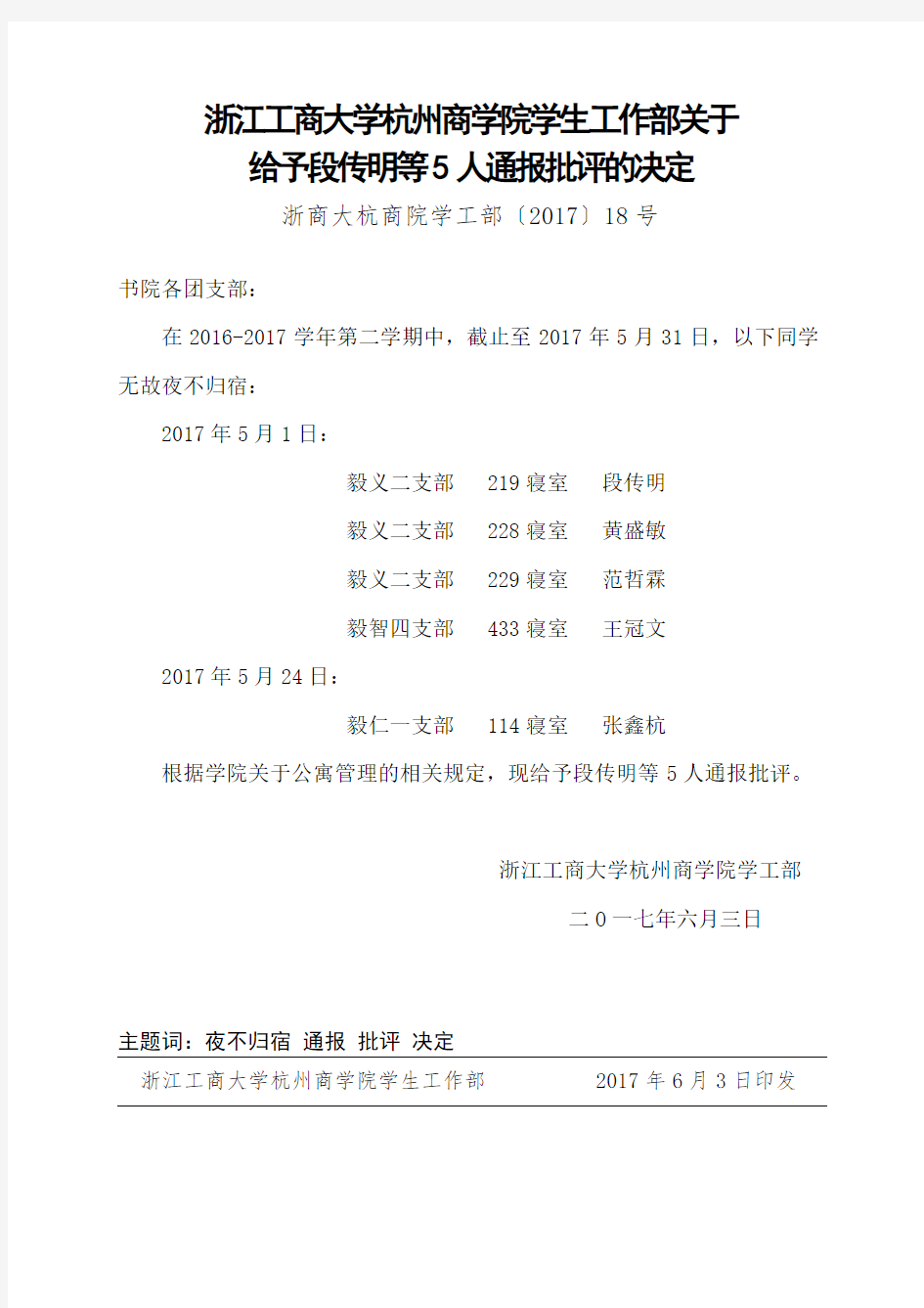 浙江工商大学杭州商学院学生工作部关于