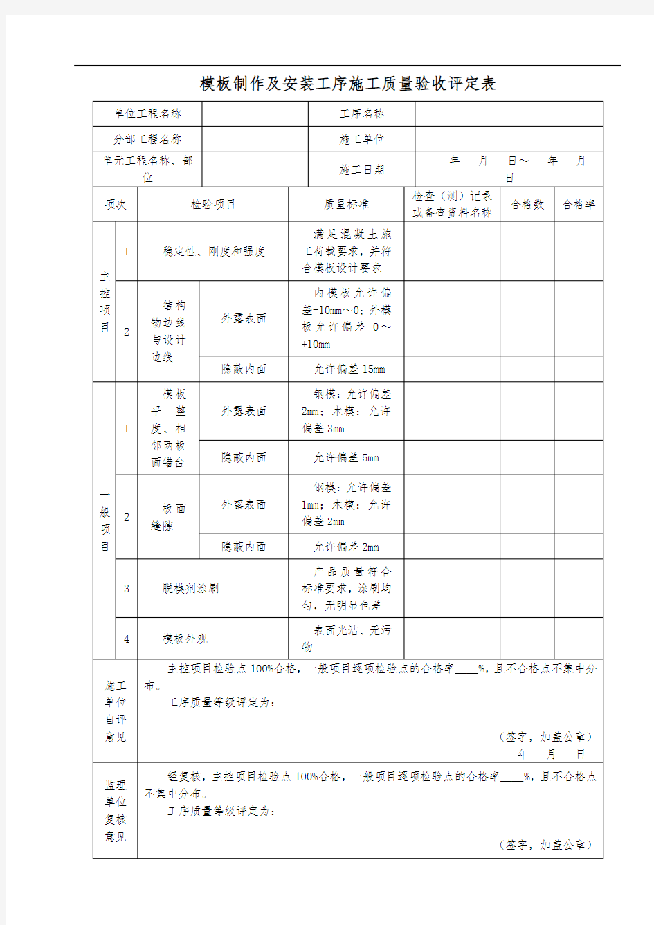 模板制作及安装工序施工质量验收评定表 (3)