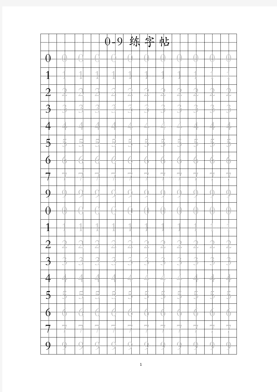 阿拉伯数字0到9田字格练字帖