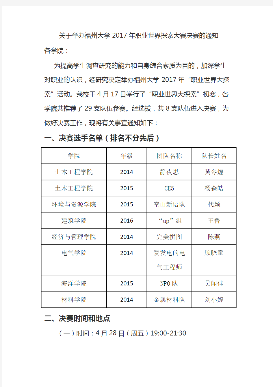 关于举办福州大学2017年职业世界探索大赛决赛的通知【模板】