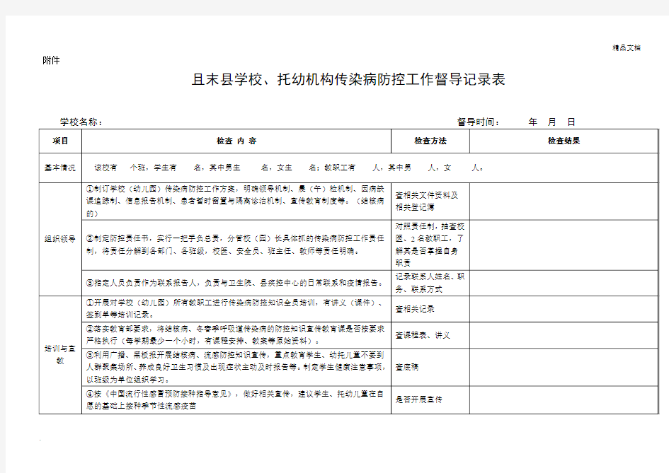 学校传染病防控督导记录表