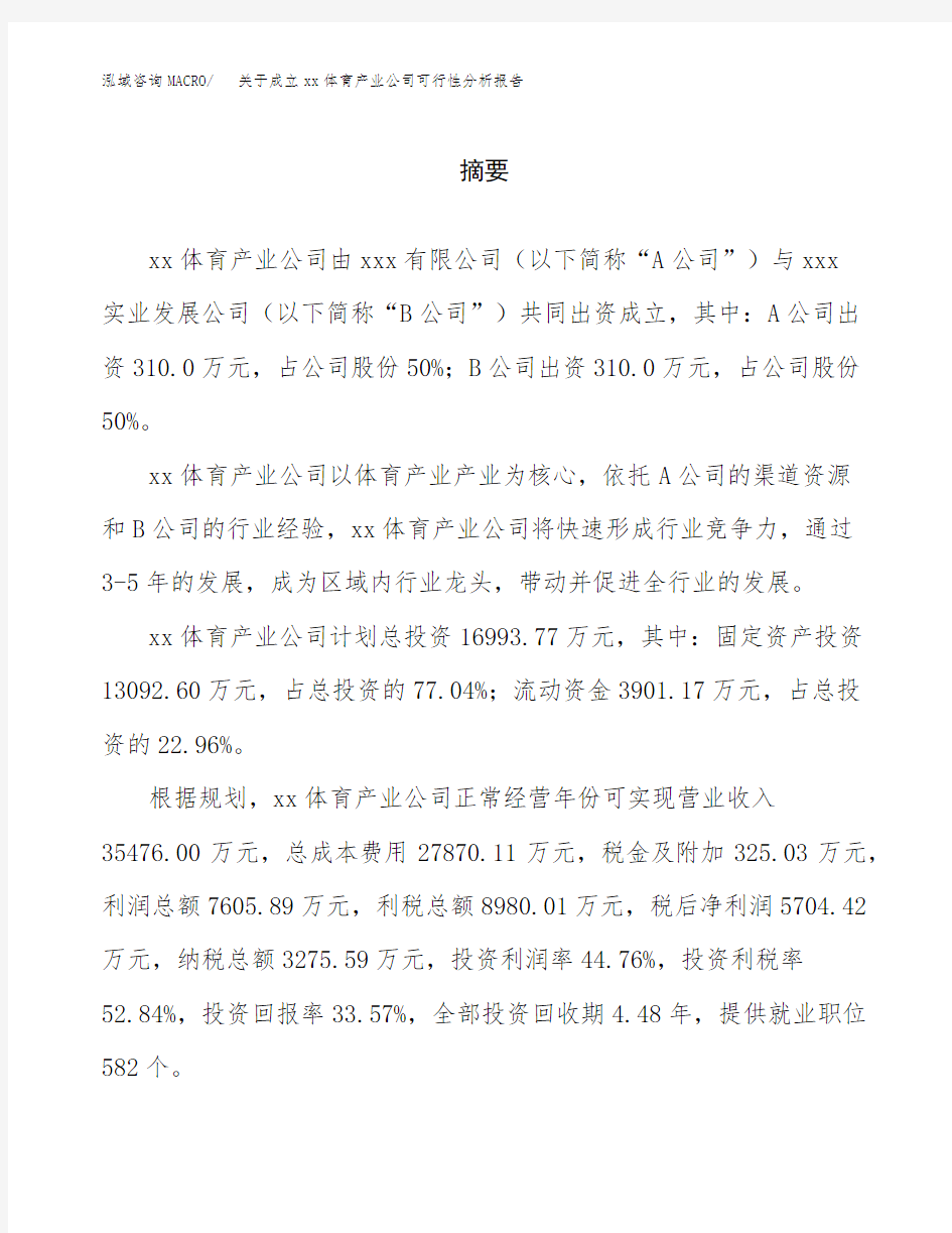 关于成立xx体育产业公司可行性分析报告