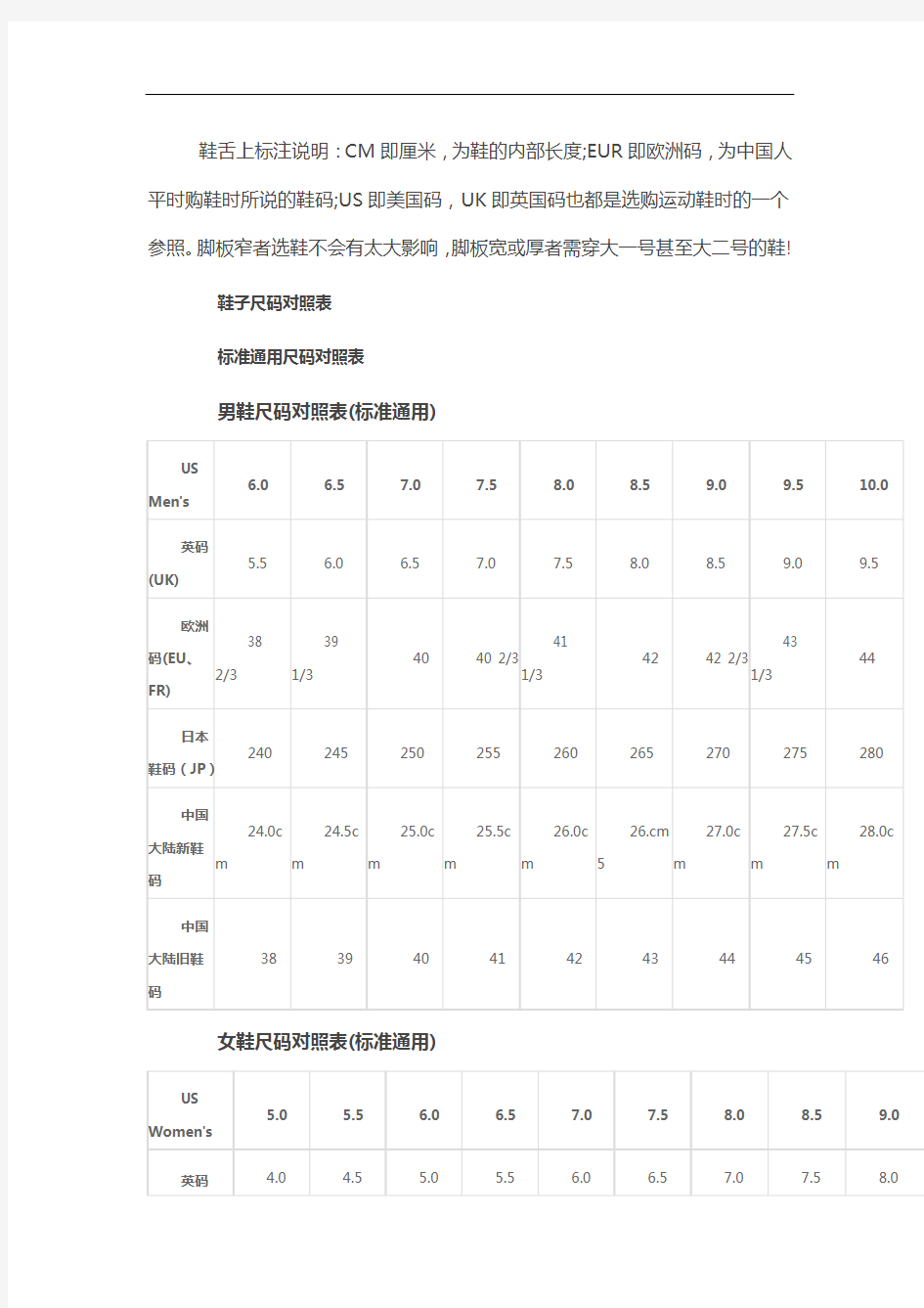 国际鞋尺码对照表