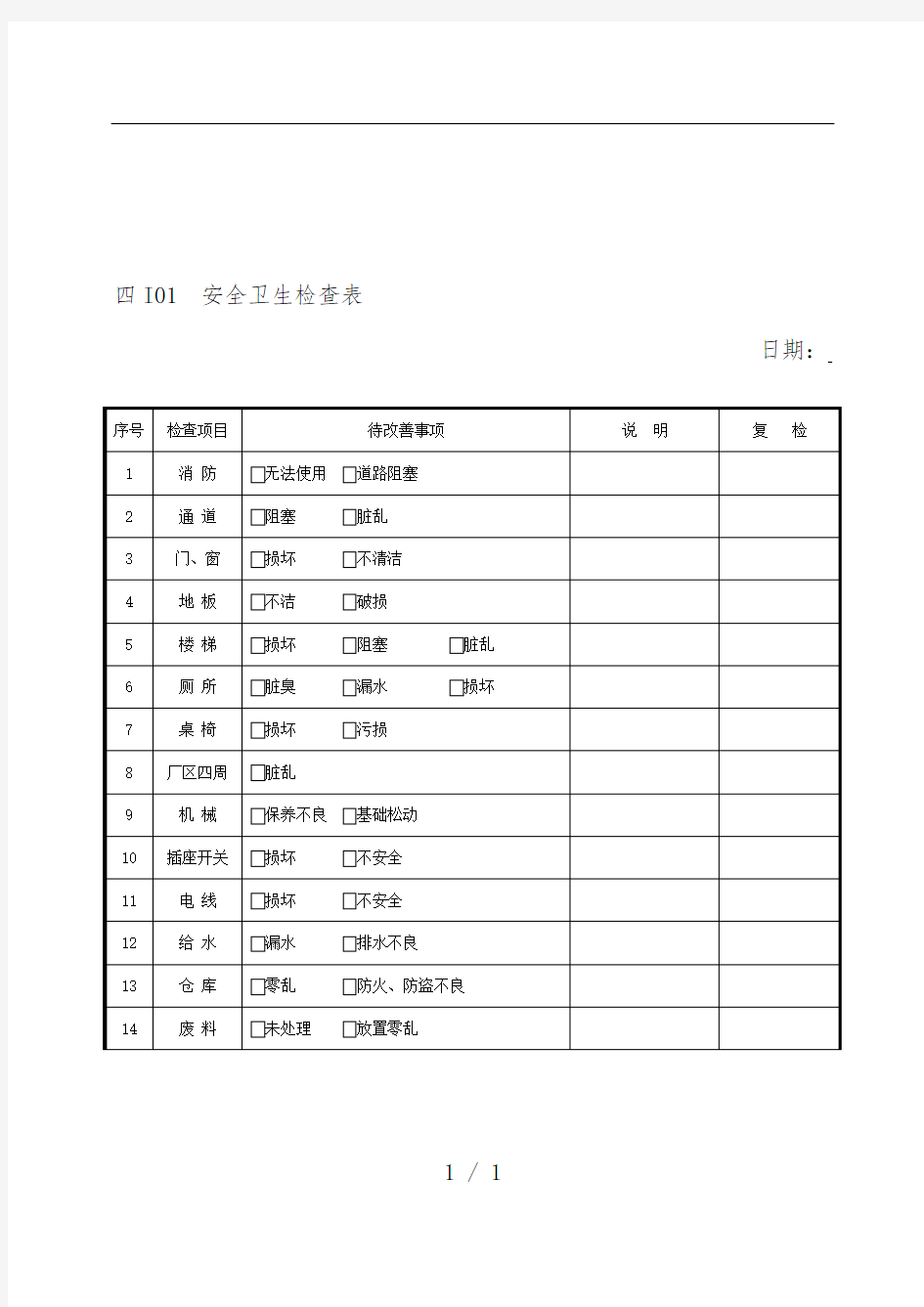 企业安全卫生检查表