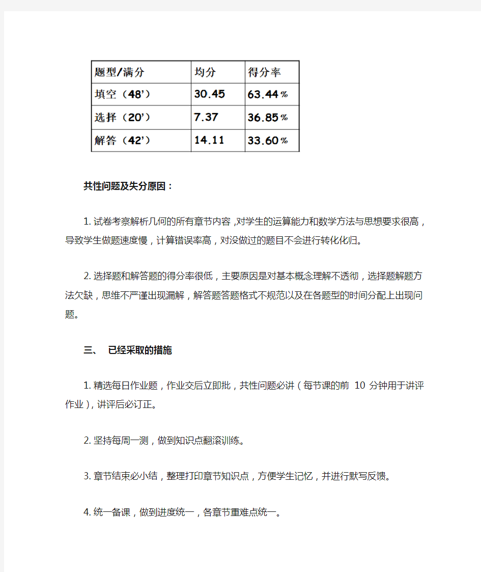 高二上期末数学质量分析(发言稿)