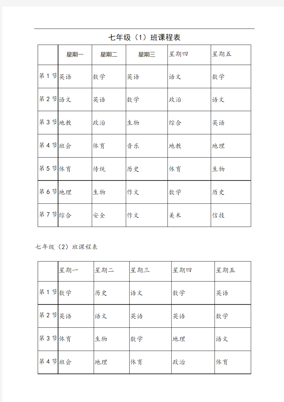 七年级(1)班课程表