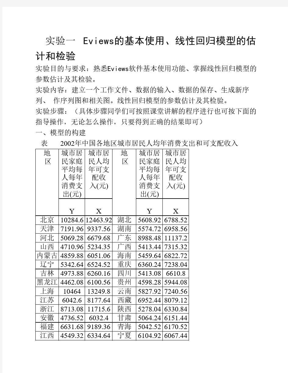 实验一   Eviews的基本使用、线    性回归模型的估计和检验