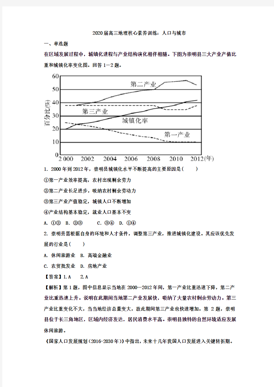 2020届高三地理核心素养训练：人口与城市