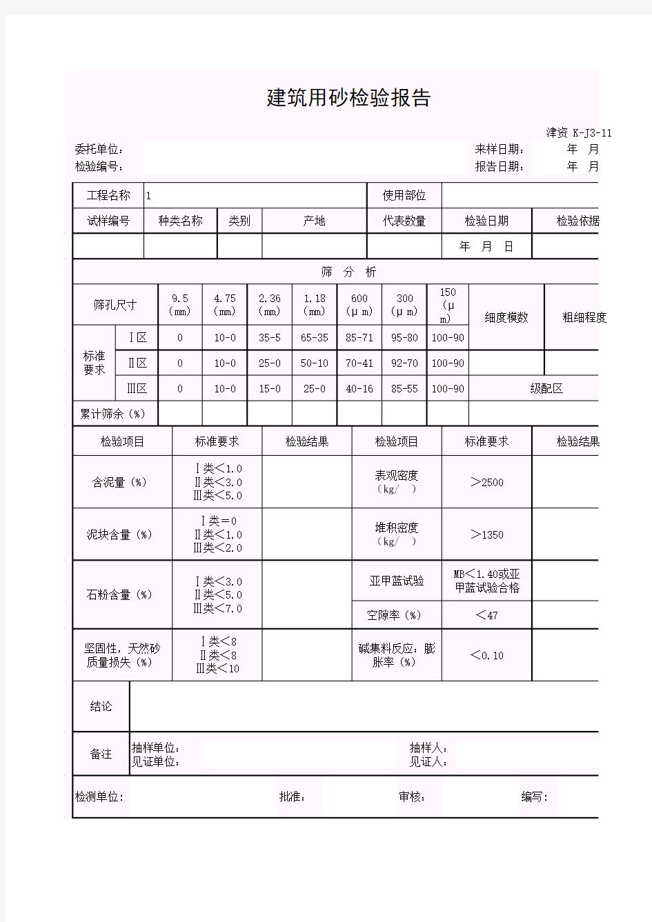 【工程常用表格】建筑用砂检验报告