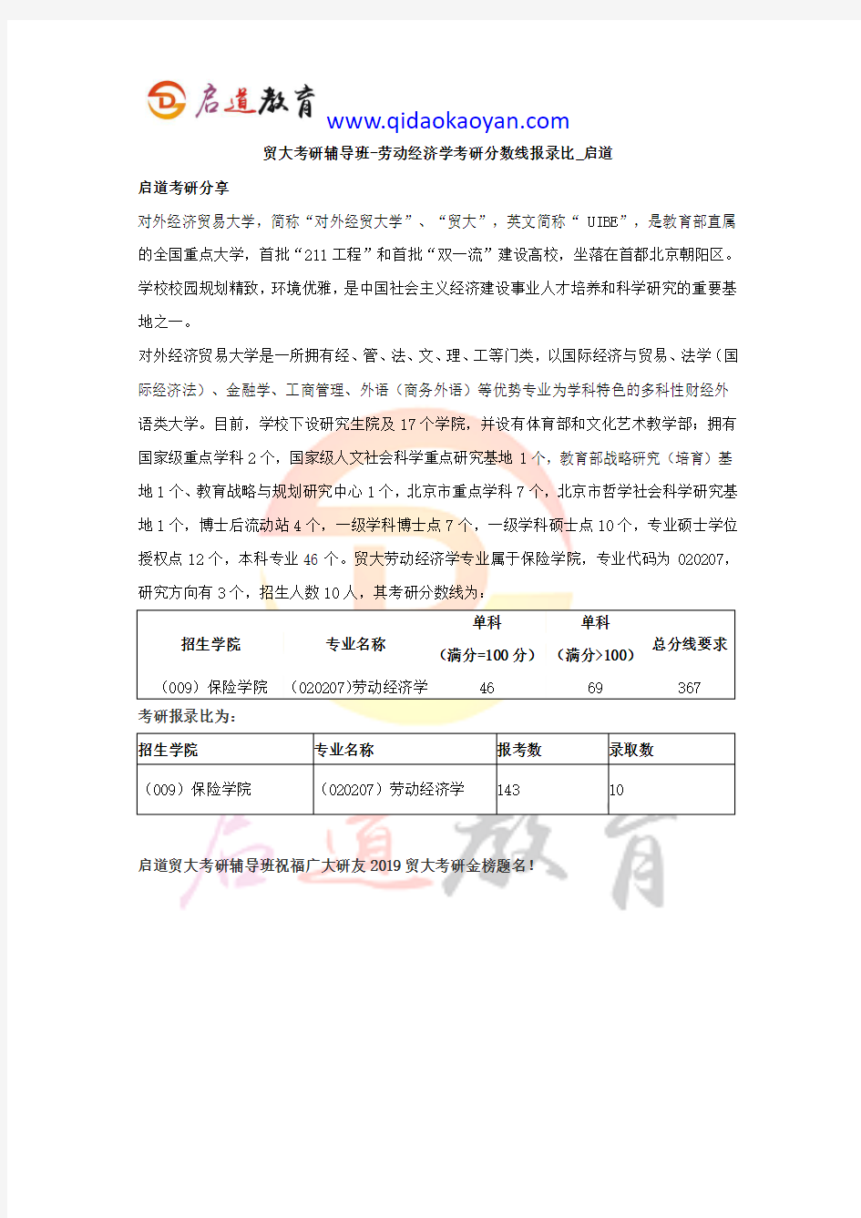 贸大考研辅导班-劳动经济学考研分数线报录比_启道