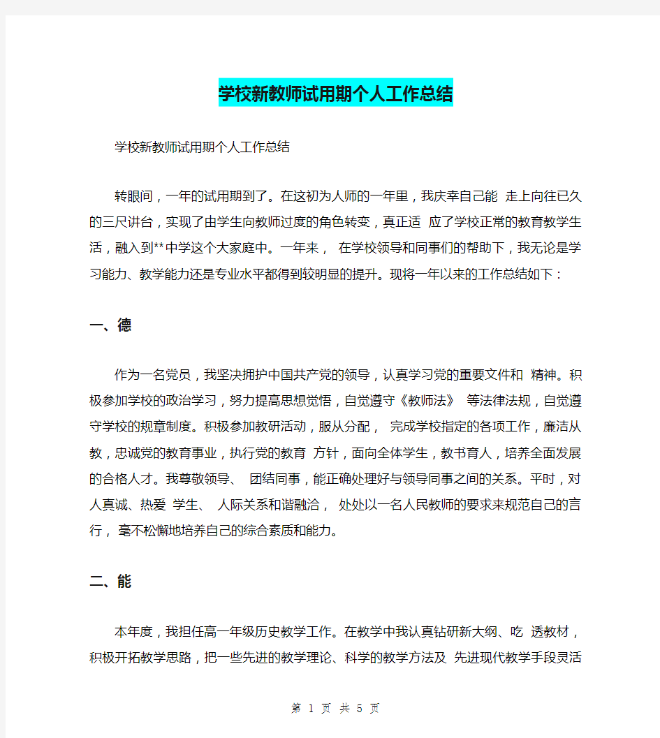 学校新教师试用期个人工作总结