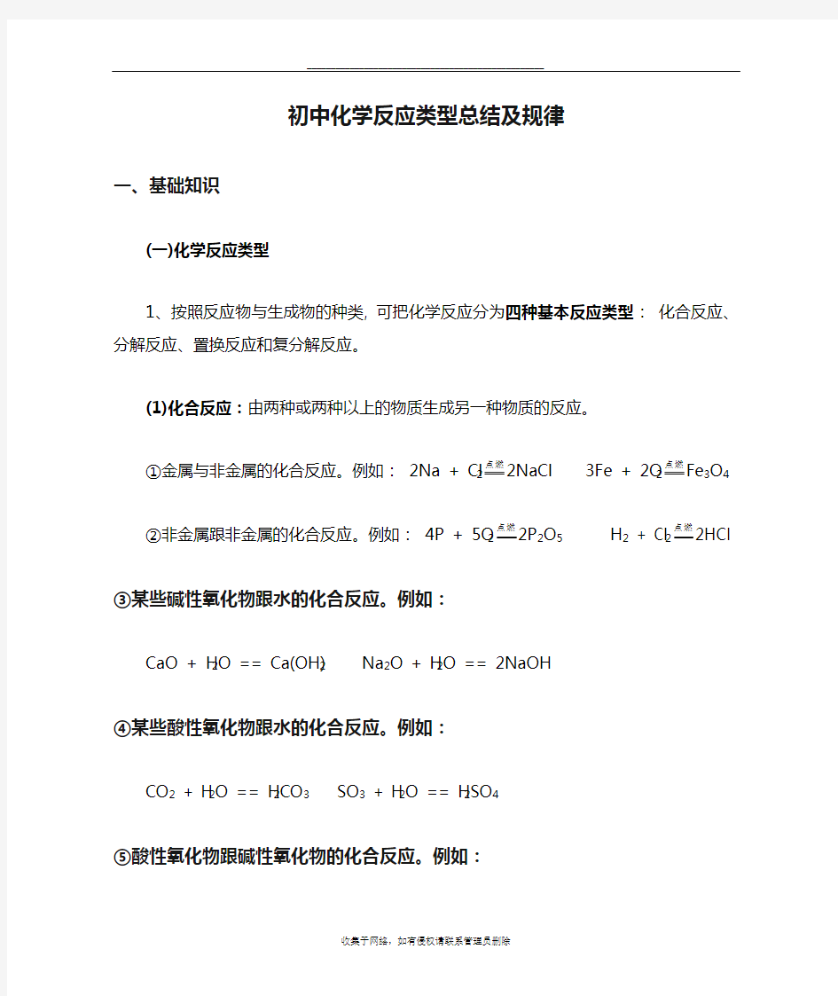 最新初中化学反应类型总结及规律