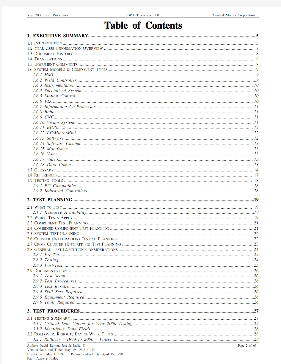 Year 2000 Test Procedures DRAFT Version 3.0 General Motors Corporation DRAFT for Review