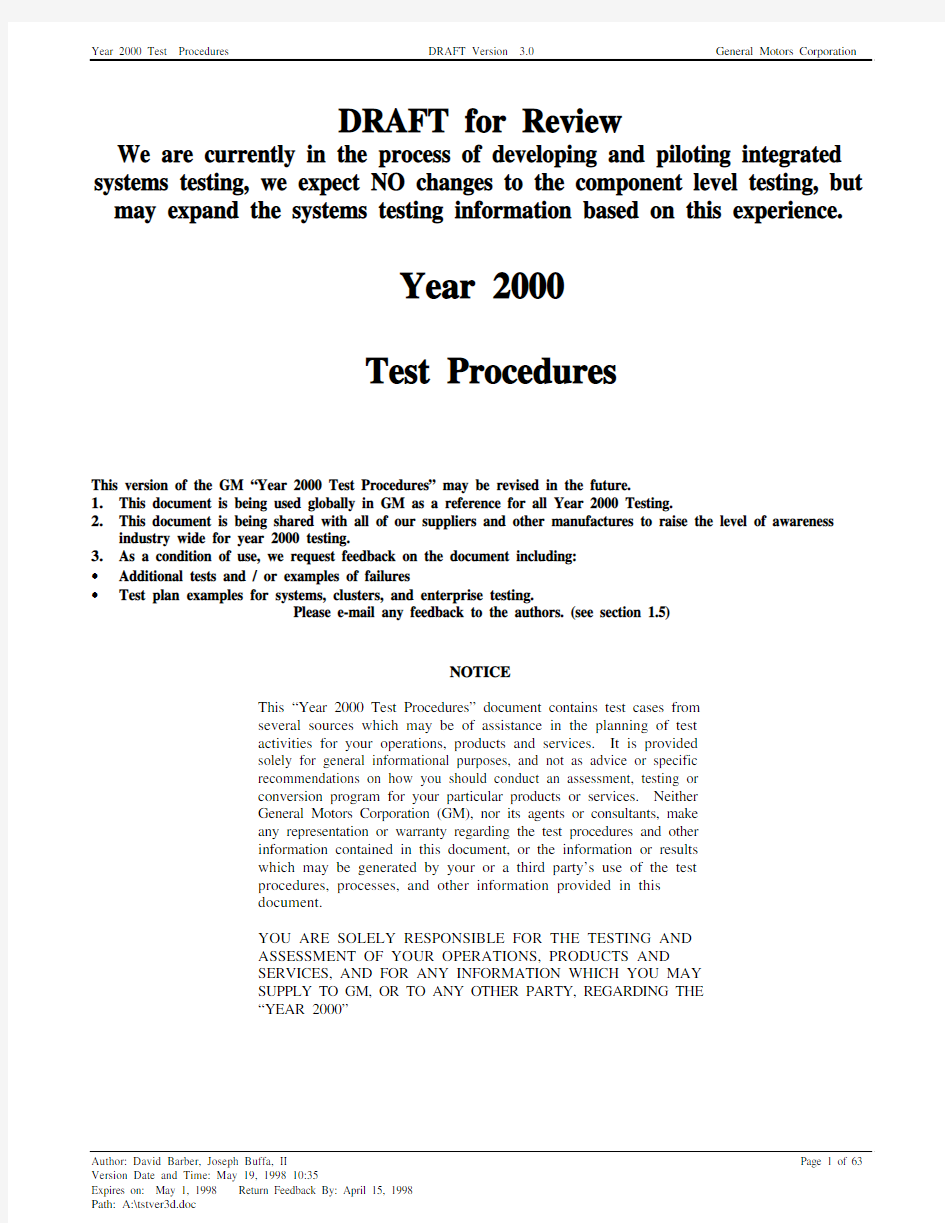 Year 2000 Test Procedures DRAFT Version 3.0 General Motors Corporation DRAFT for Review