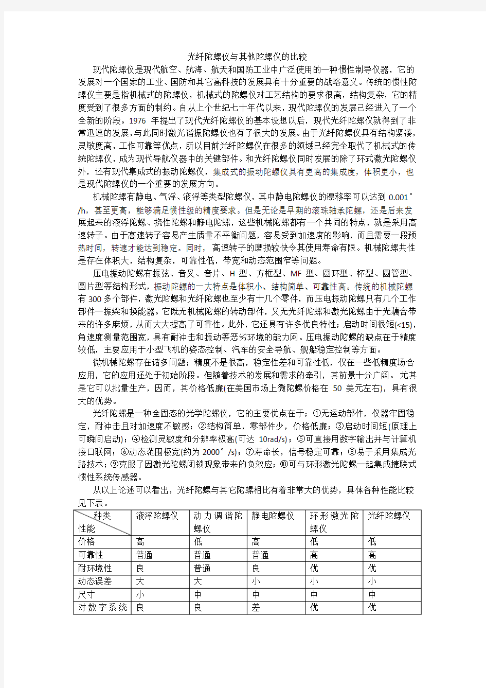 光纤陀螺仪与其他陀螺仪的比较