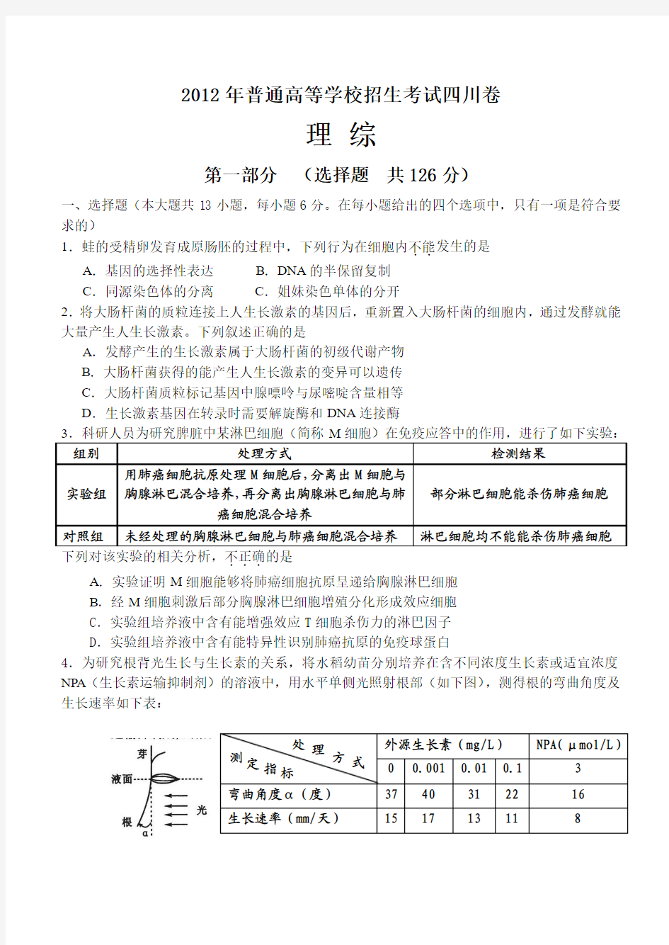 2012年四川省高考理综试卷