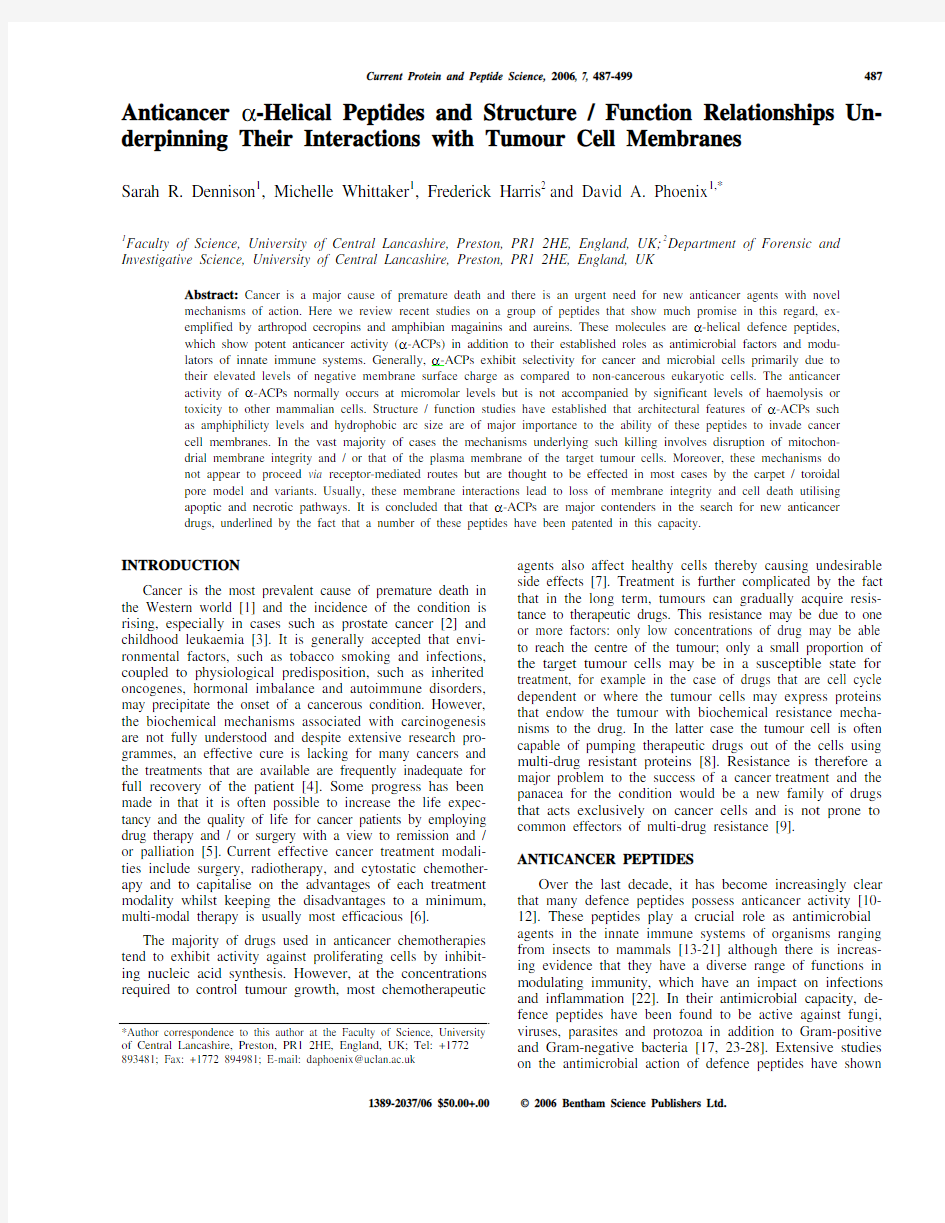 Anticancer a-Helical Peptides and Structure  Function Relationships Underpinning Their Interactions