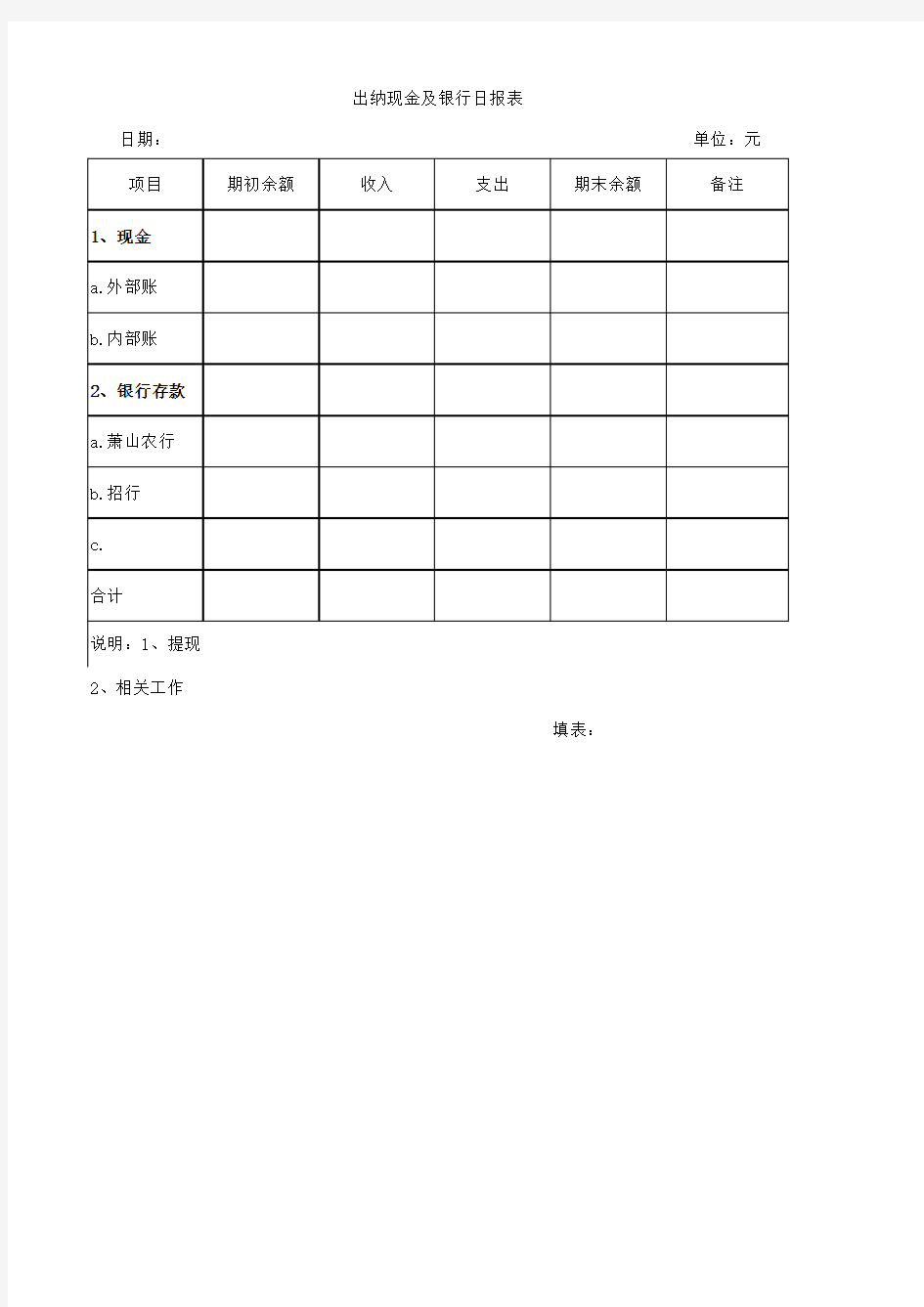 出纳现金及银行日报表样表