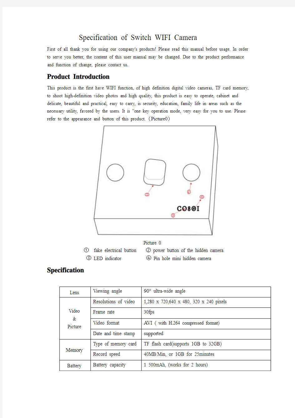 间谍摄像机说明书 英文版 Specification of Switch WIFI Camera