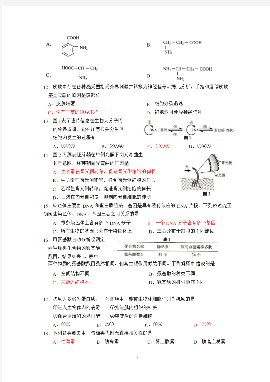 2013上海市学业水平考试生命科学试卷(含答案)