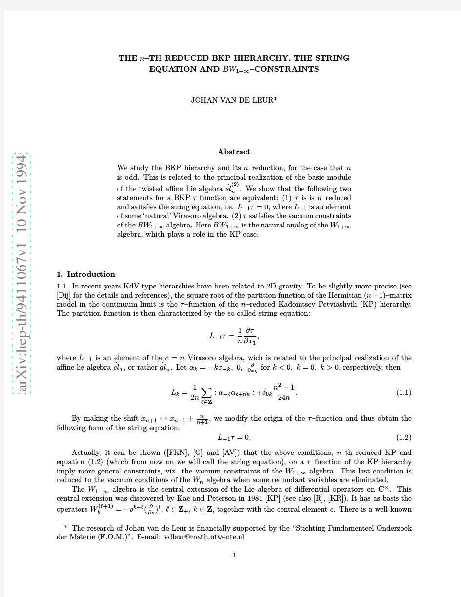 The $n$--TH Reduced BKP Hierarchy, the String Equation and $BW_{1+infty}$--Constraints