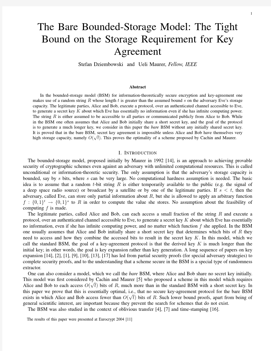 The Bare Bounded-Storage Model The Tight Bound on the Storage Requirement for Key Agreement