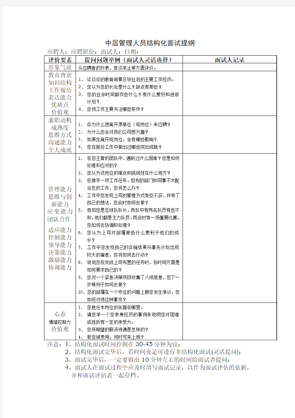 中层管理人员结构化面试提纲