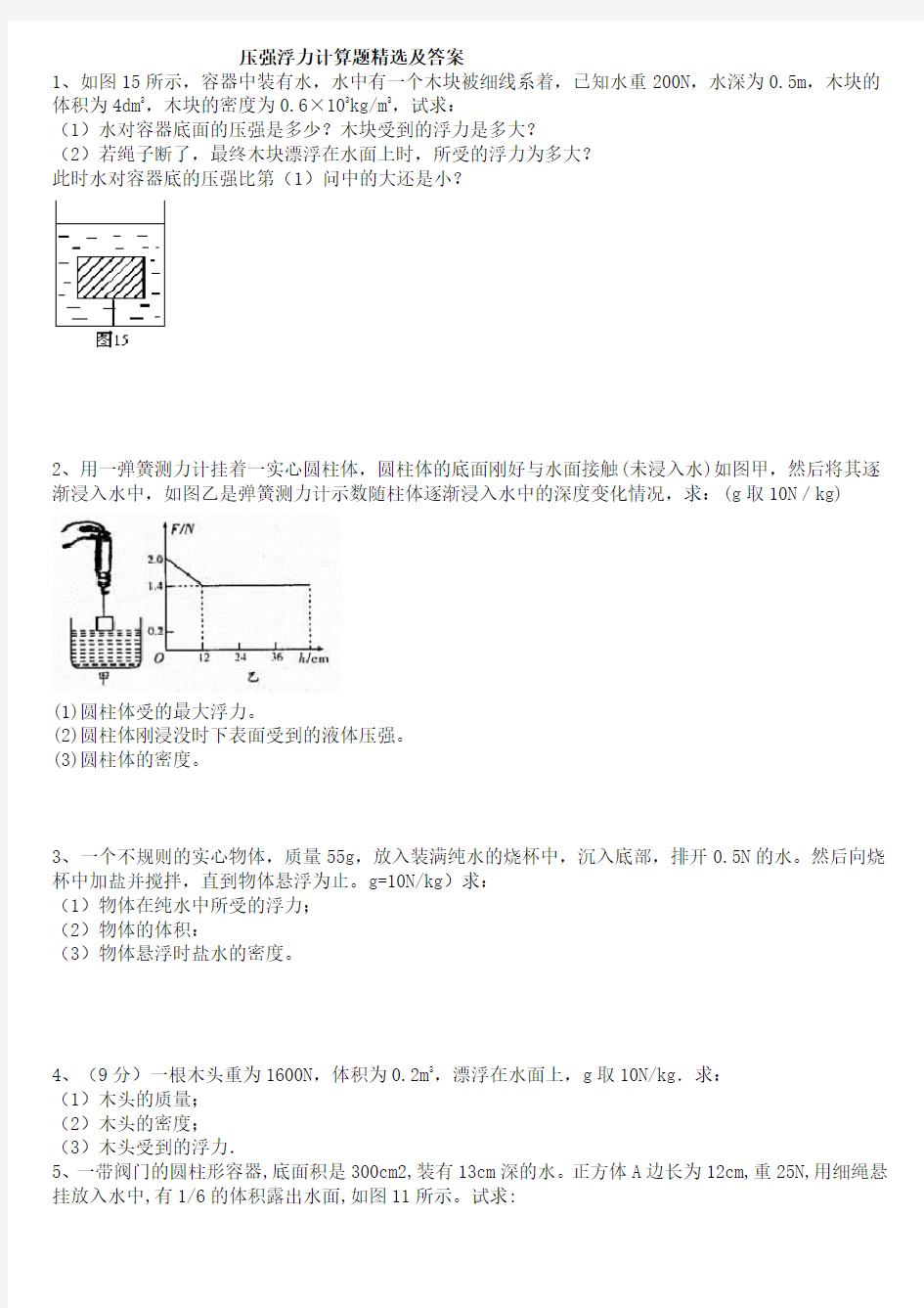 压强浮力计算题精选与答案