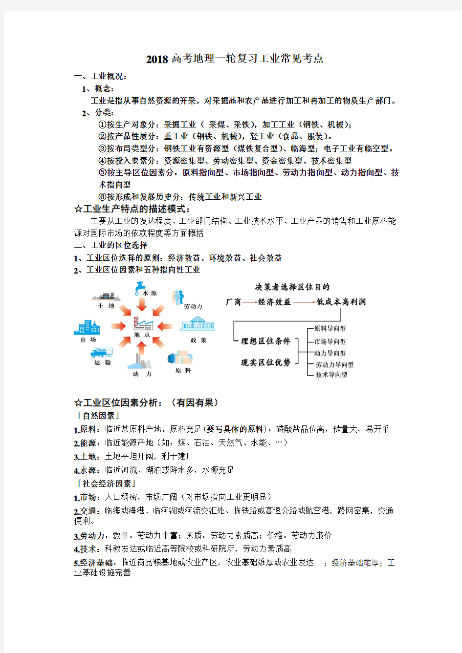 2018高考一轮复习工业知识点总结