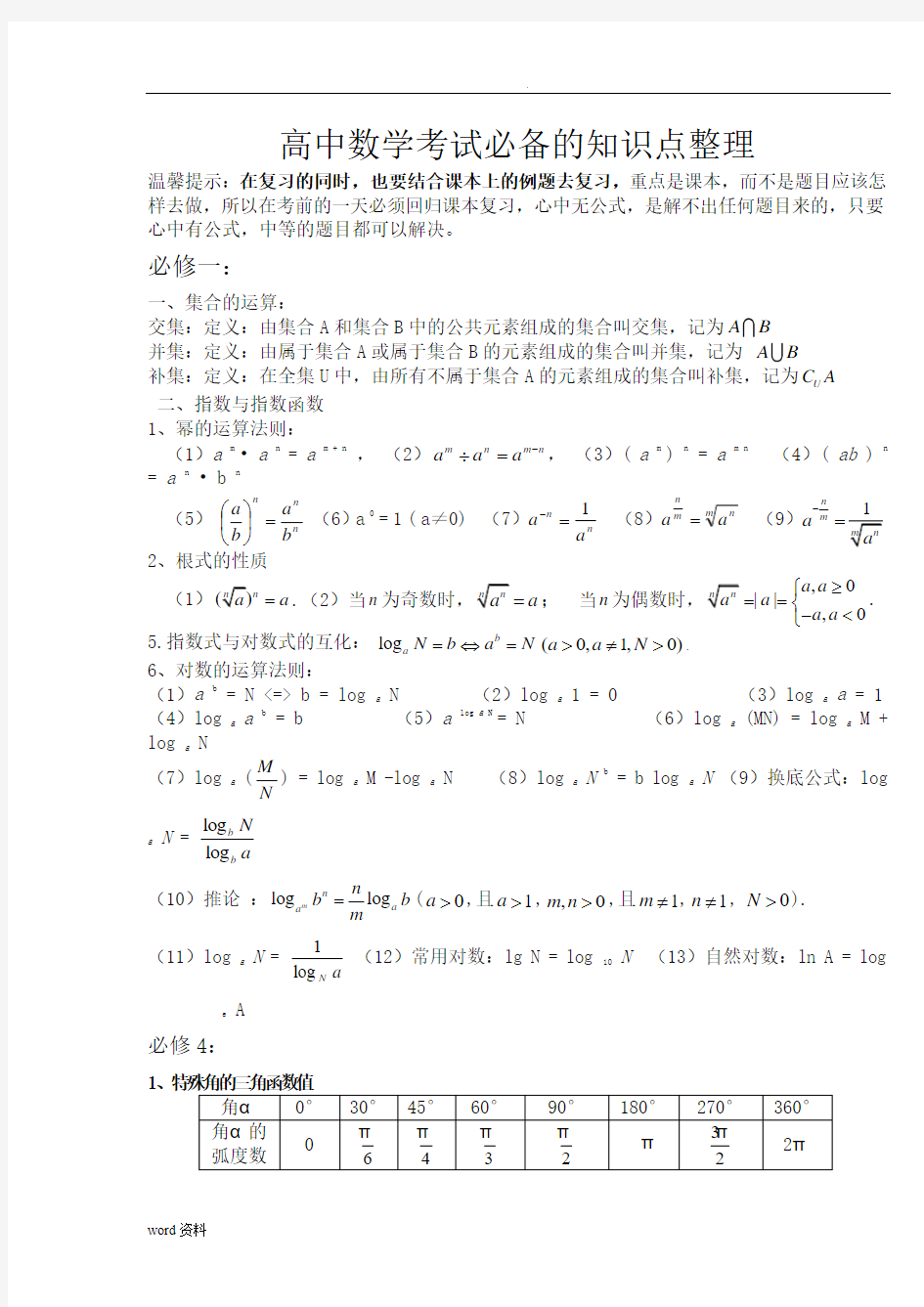 高中数学考试必备知识点整理