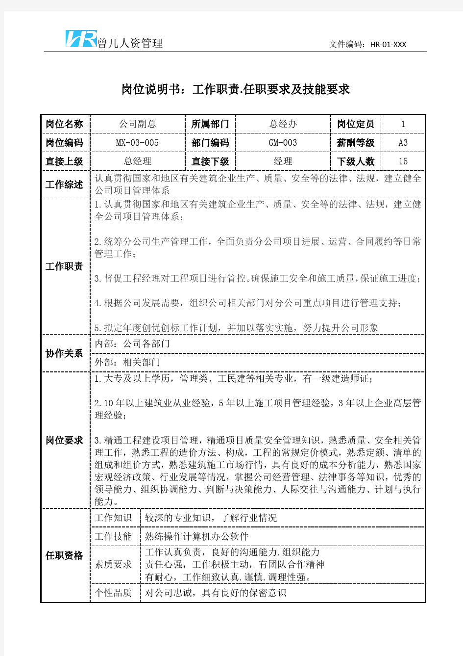 公司副总岗位职责说明书和任职要求