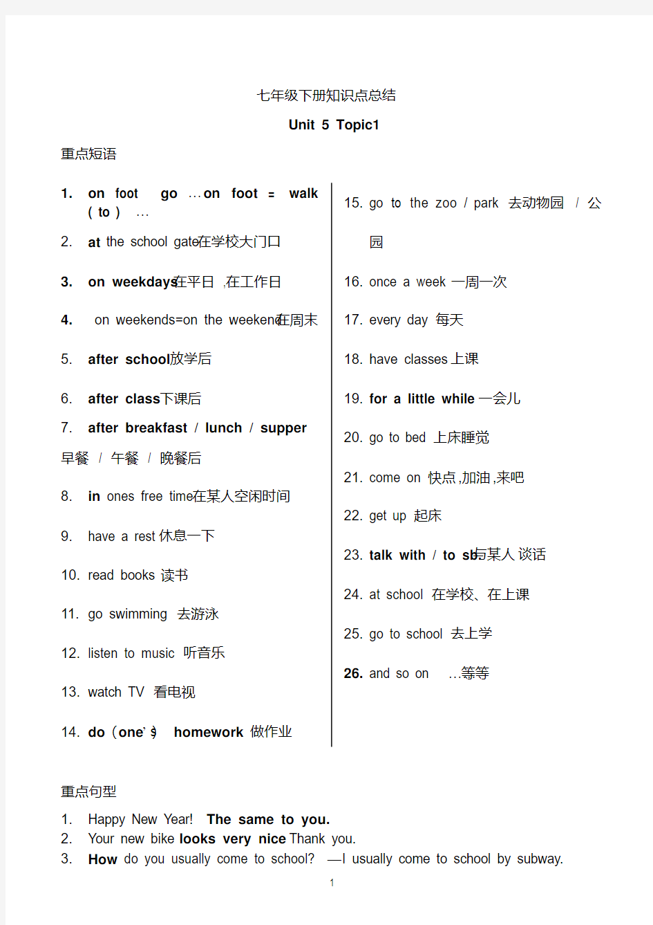 最新仁爱版七年级英语下册知识点总结