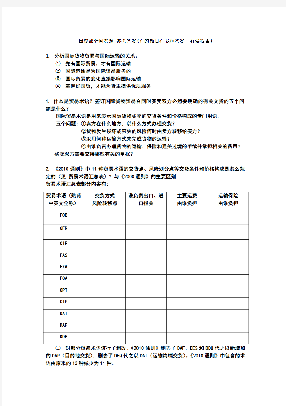 整理国际贸易部分问答题及参考答案