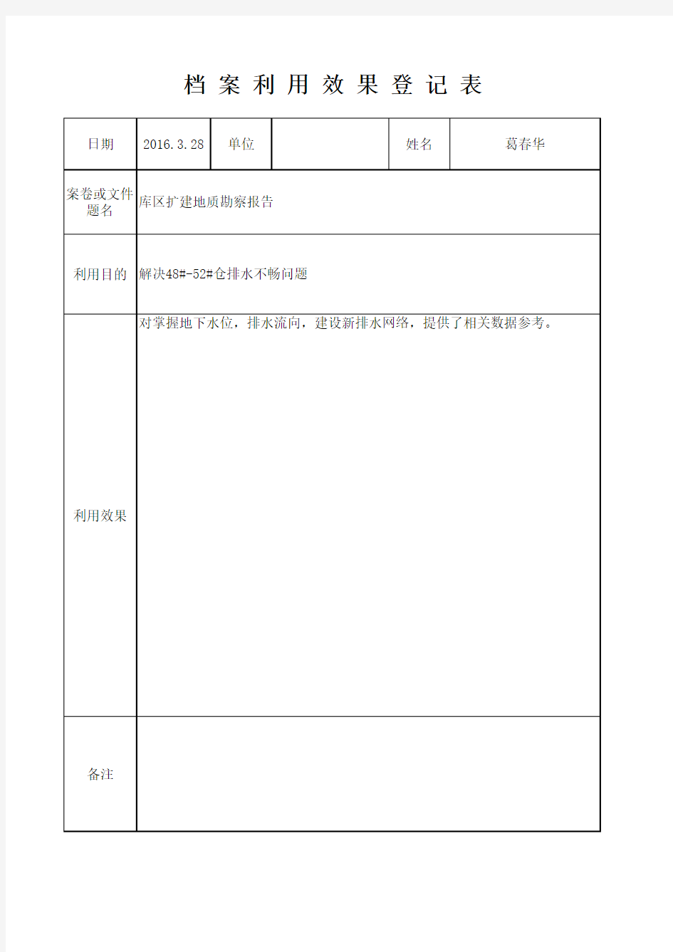 档案利用效果登记表