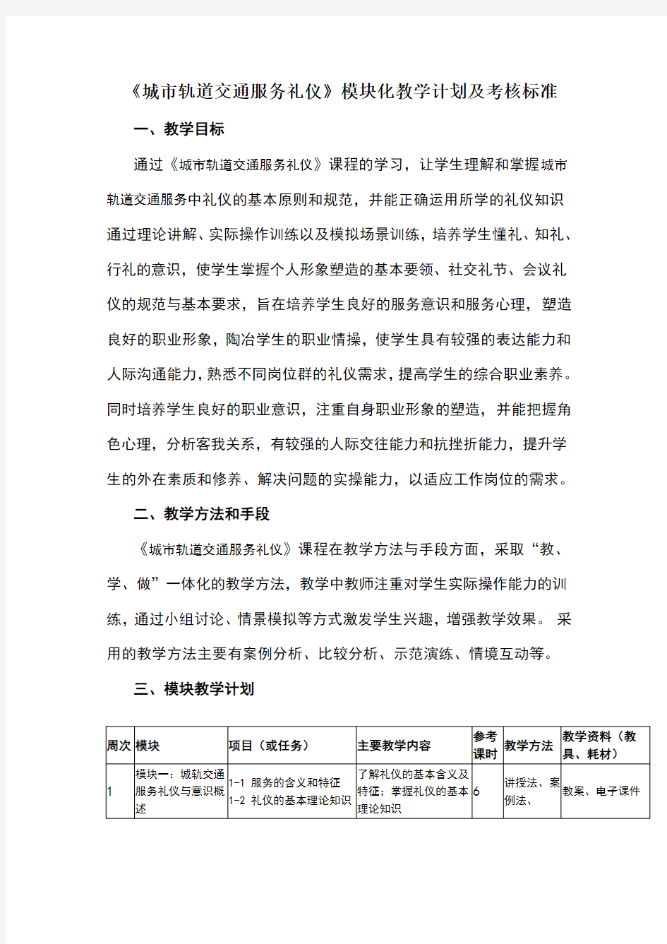 城轨服务礼仪模块教学计划