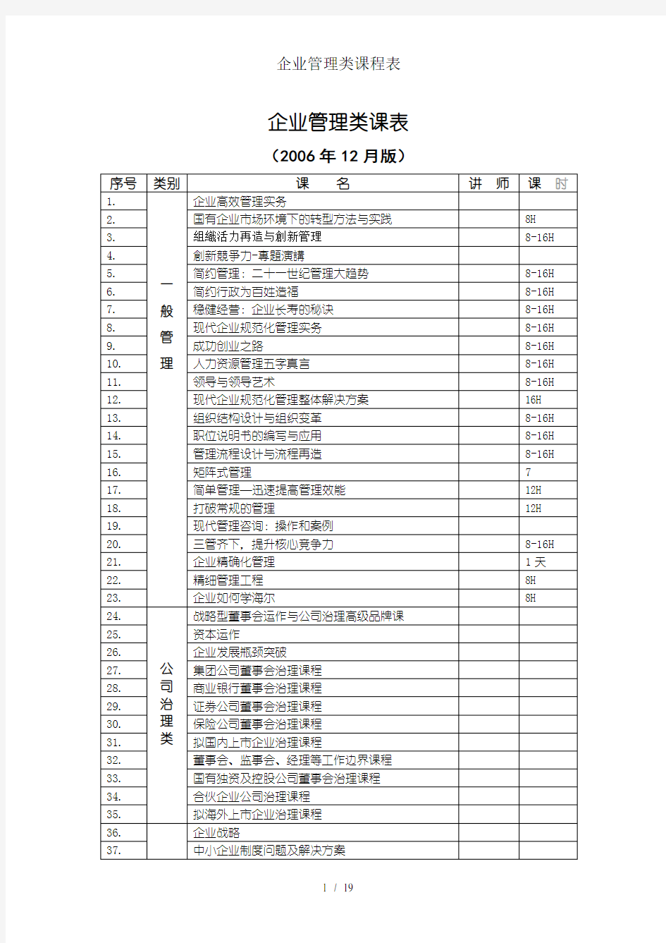 企业管理类课程表