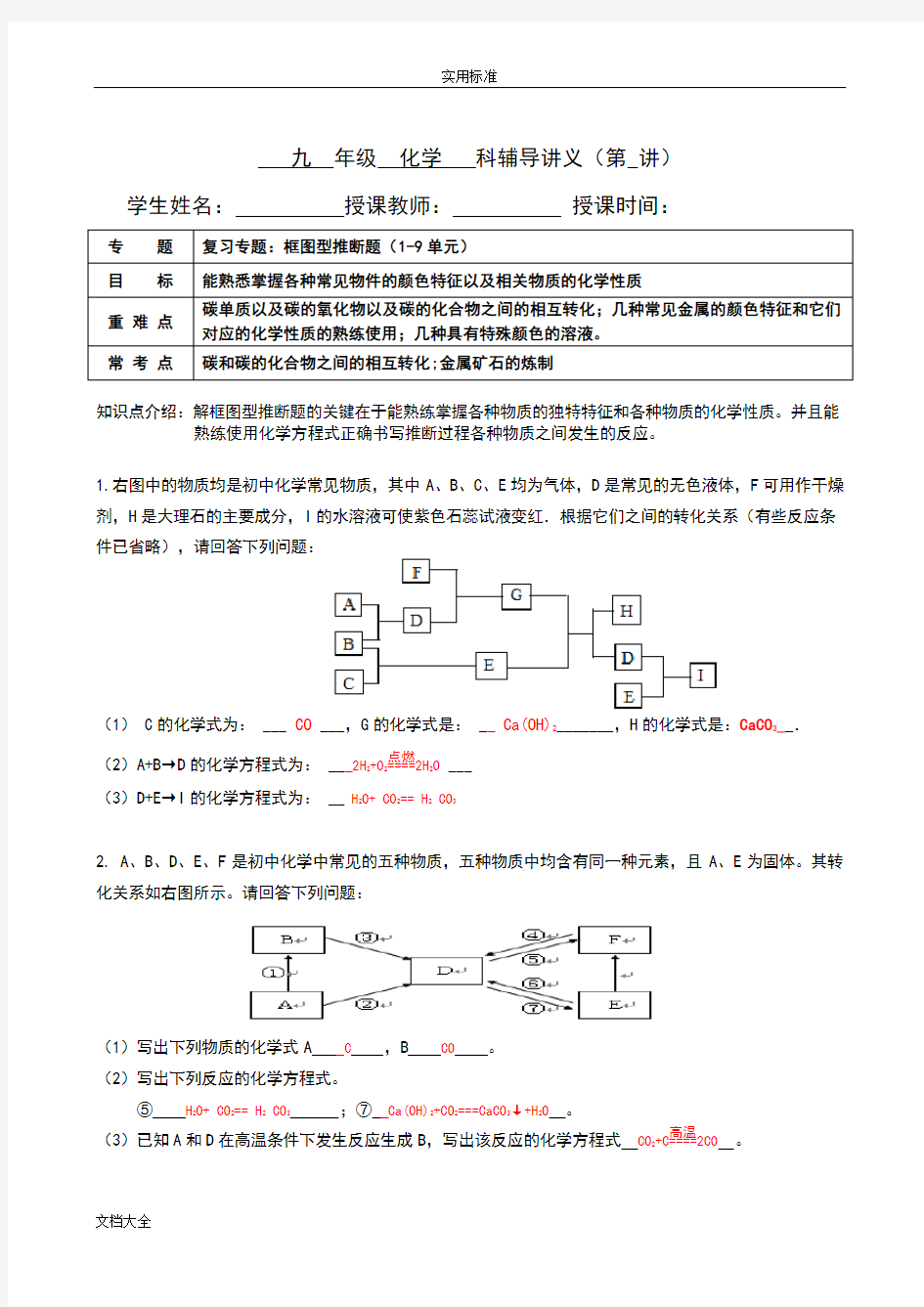 初三化学 复习专题框图型推断题