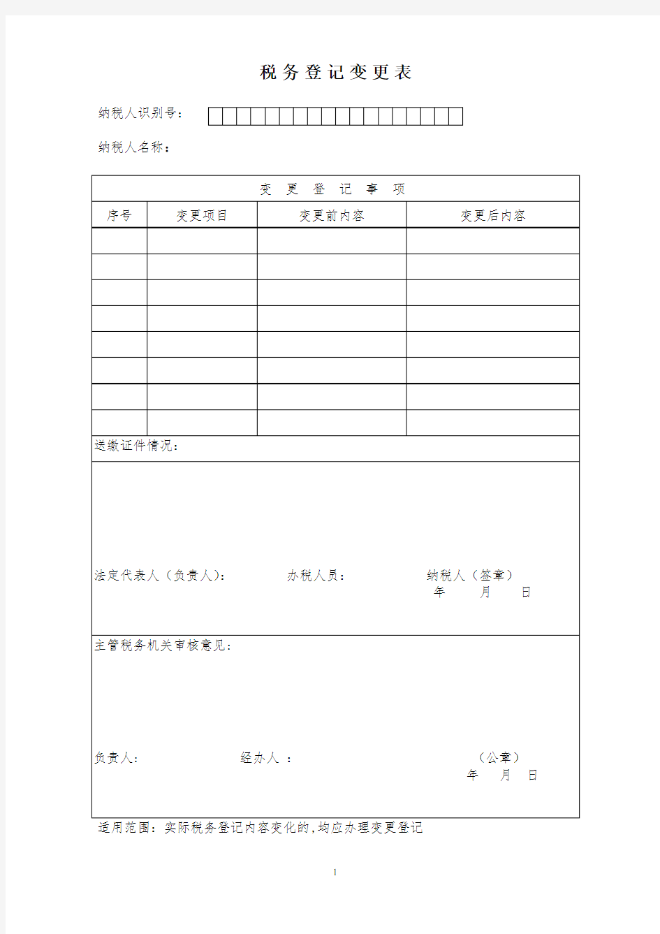 税务登记变更表相关表格模板