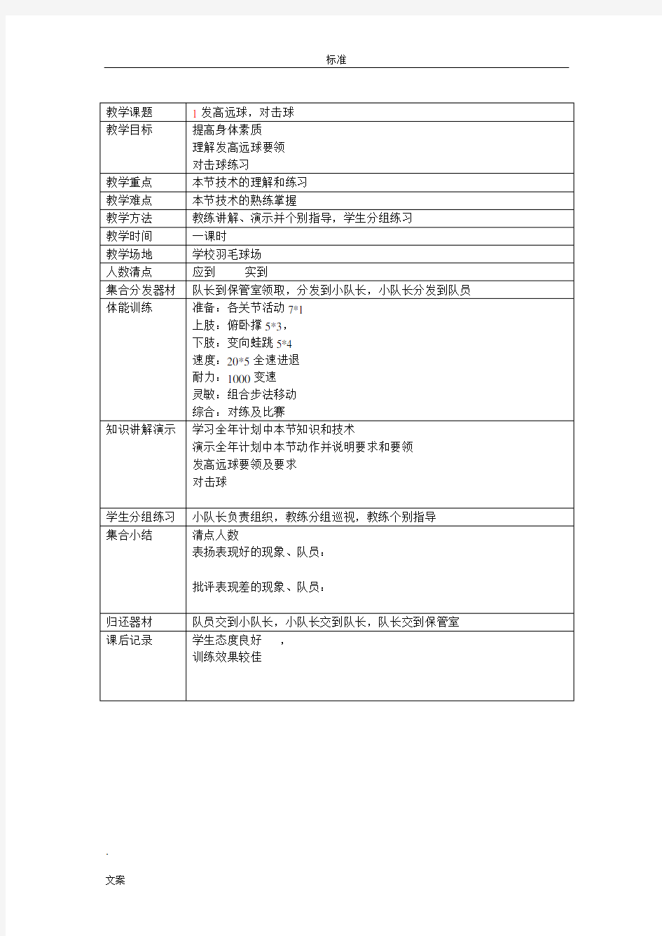 刘官镇中心小学乡村少年宫羽毛球精彩活动教案设计