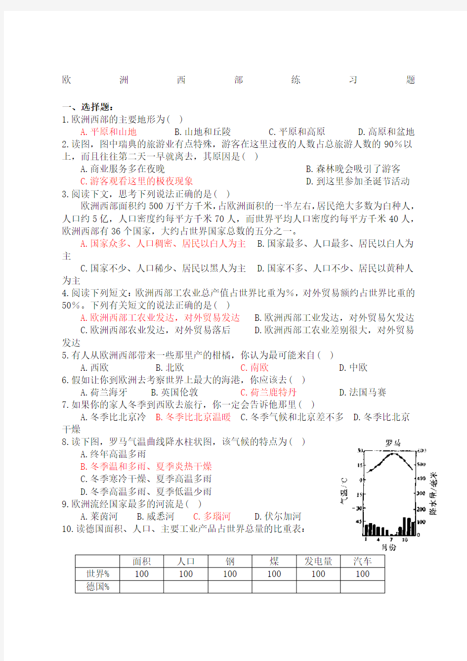 高二区域地理：欧洲西部练习题