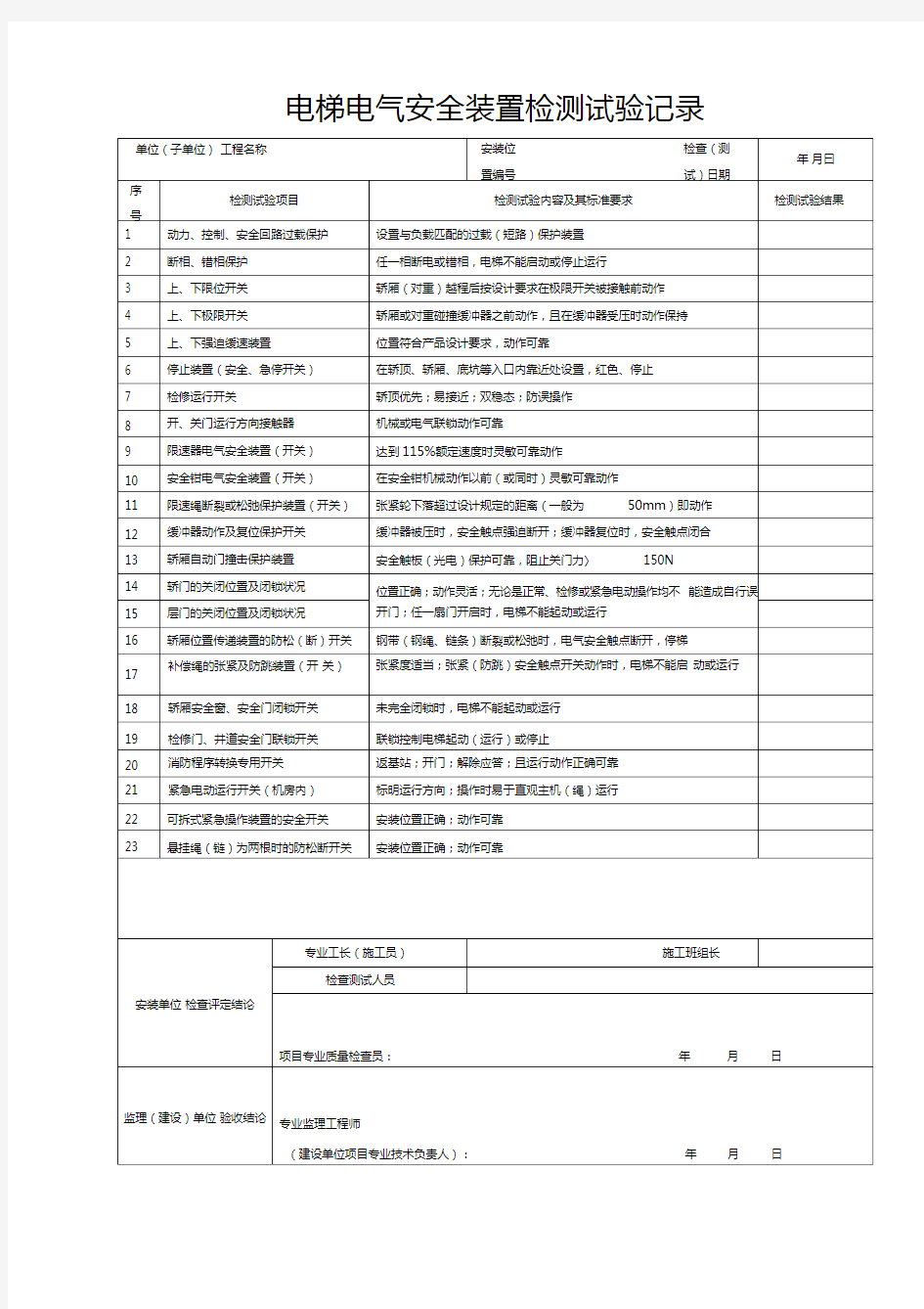 电梯电气安全装置检测试验记录